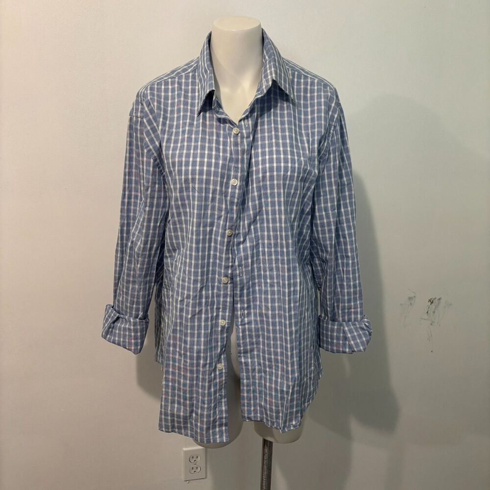 Perry Ellis City Fit size Large Blue and White Checked Preppy Button Down Shirt